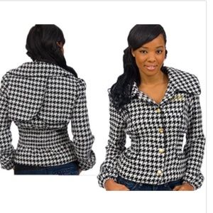 ]NEW Dereon Beyonce Y2K PEPLUM Houndstooth  Black Snap Wool Jacket Coat  M
